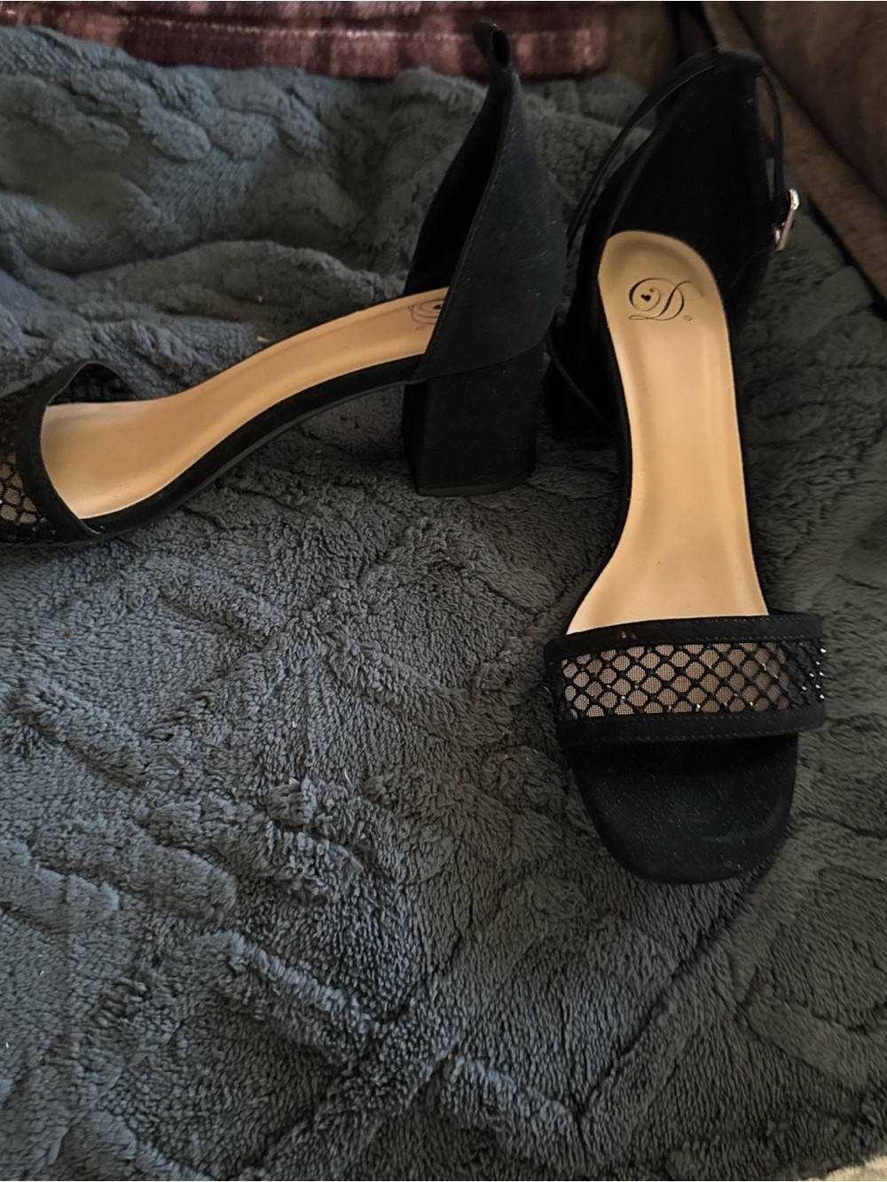 SD Collection Black Mesh Block Heel Sandals with Ankle Strap